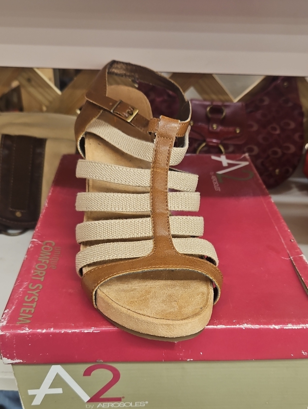 A2 By Aerosoles Brown and Beige Strappy Wedge Sandals